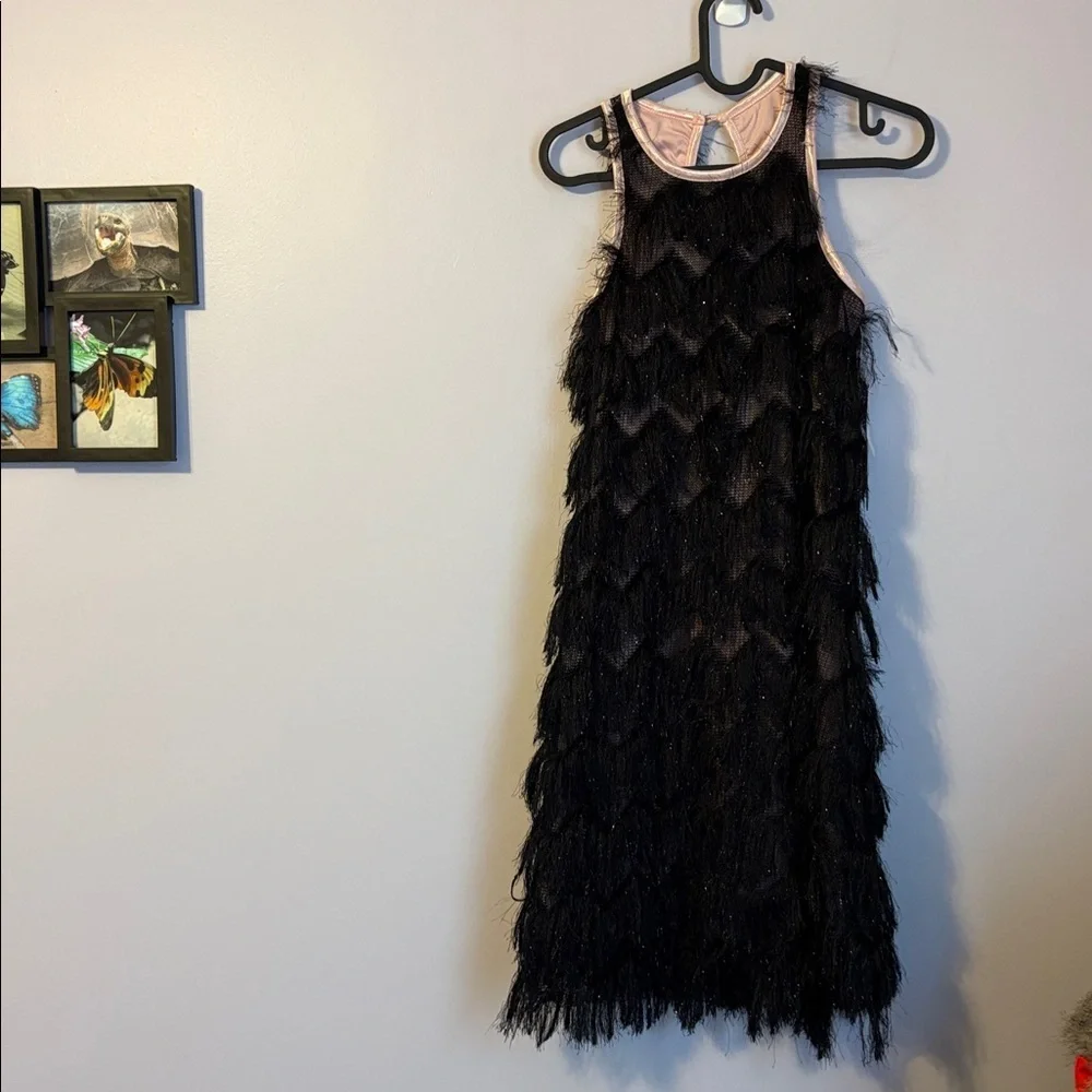 Ava & Yelly Black Sleeveless Eyelash-Pattern Fringe Trim Swing Dress size 16